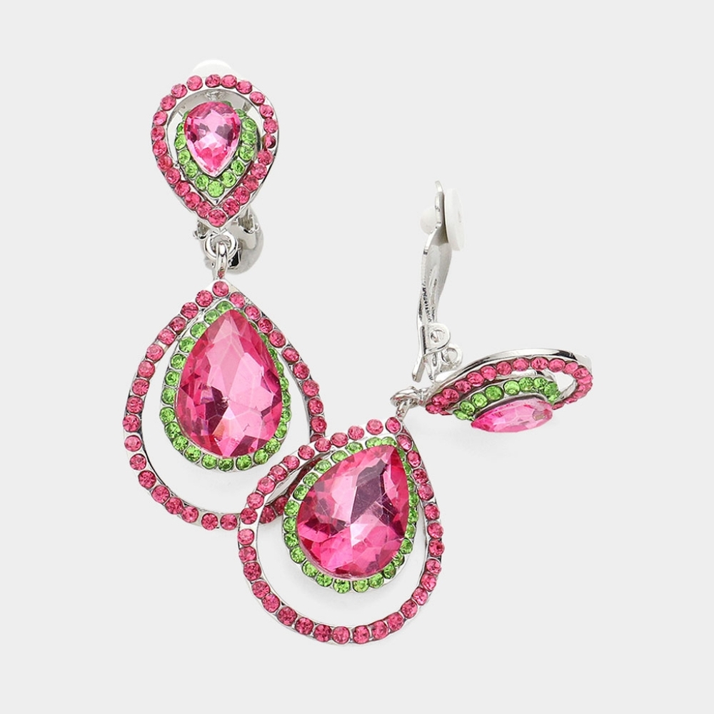 Pink & Green Clip On 2.25" Dangle Earrings Glass Teardrop Accessories